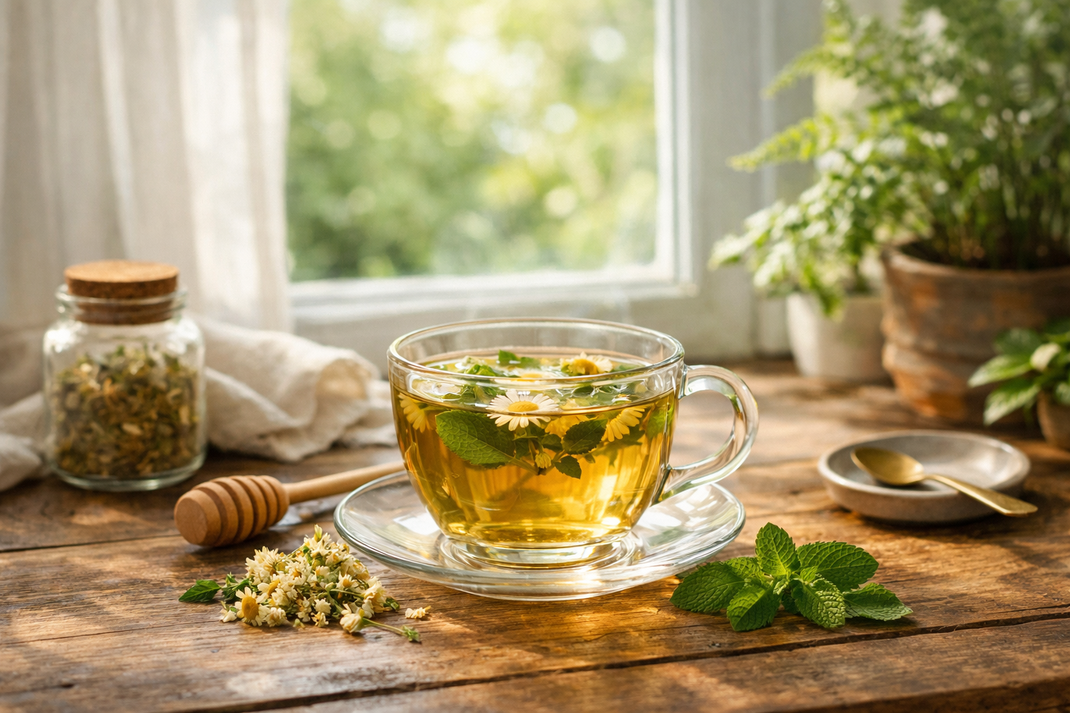 peaceful morning scene with herbal tea cup on wooden table near window with soft natural light and green plants in background