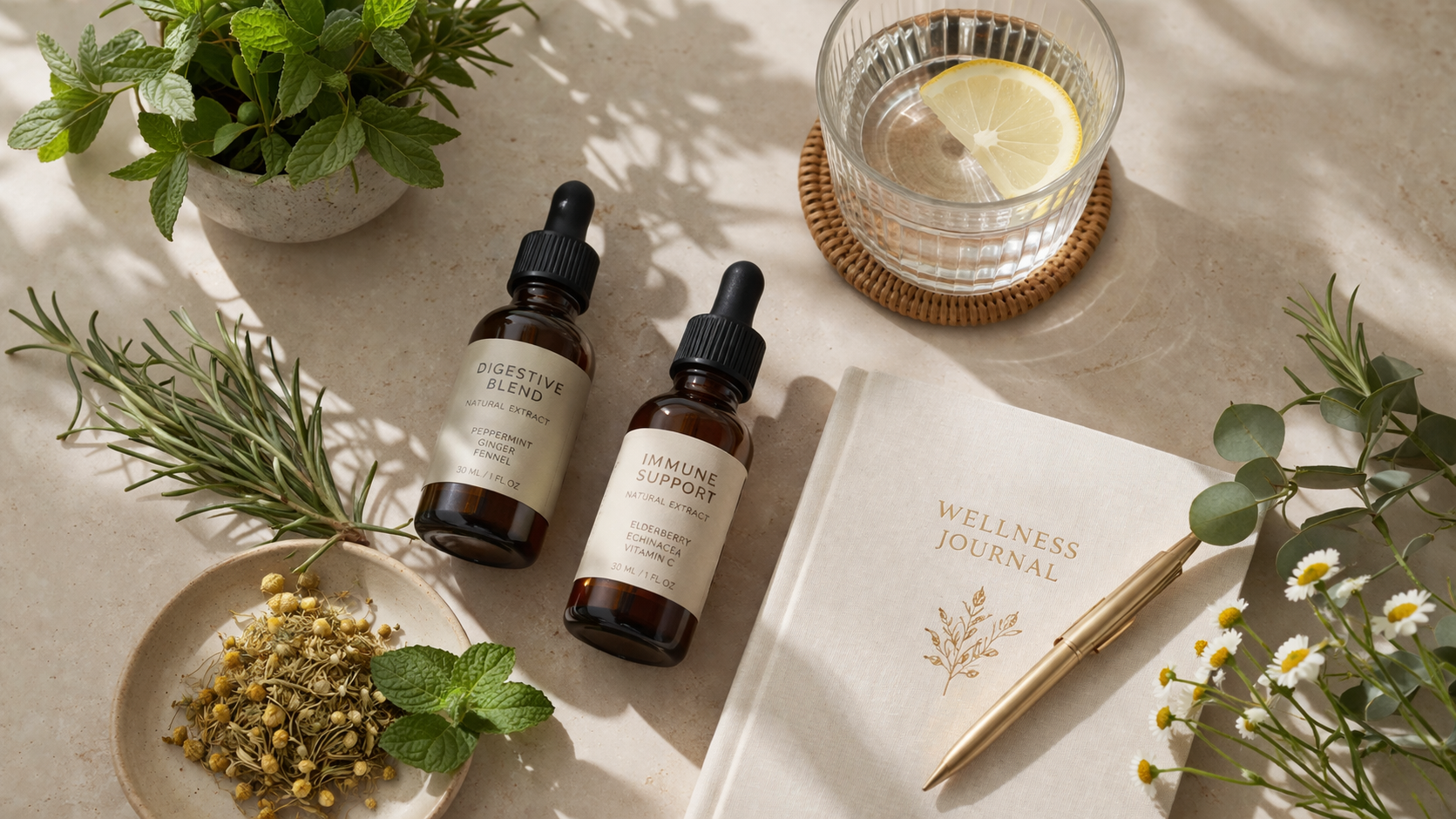 wellness lifestyle flat lay with natural supplements bottles, fresh herbs, water glass and journal on neutral beige surface